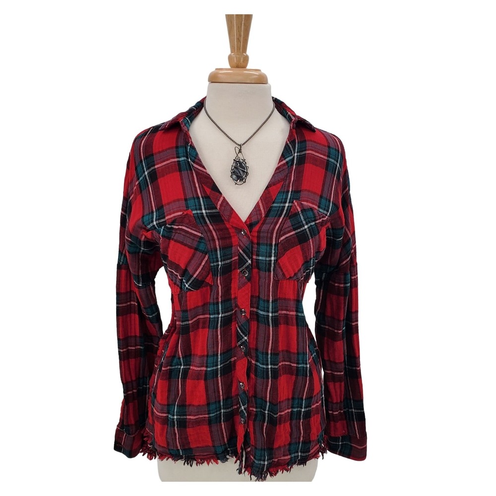 Umgee Womens S Red Green Plaid Frayed Hem Button Up Shirt Grunge Punk 90s Layer